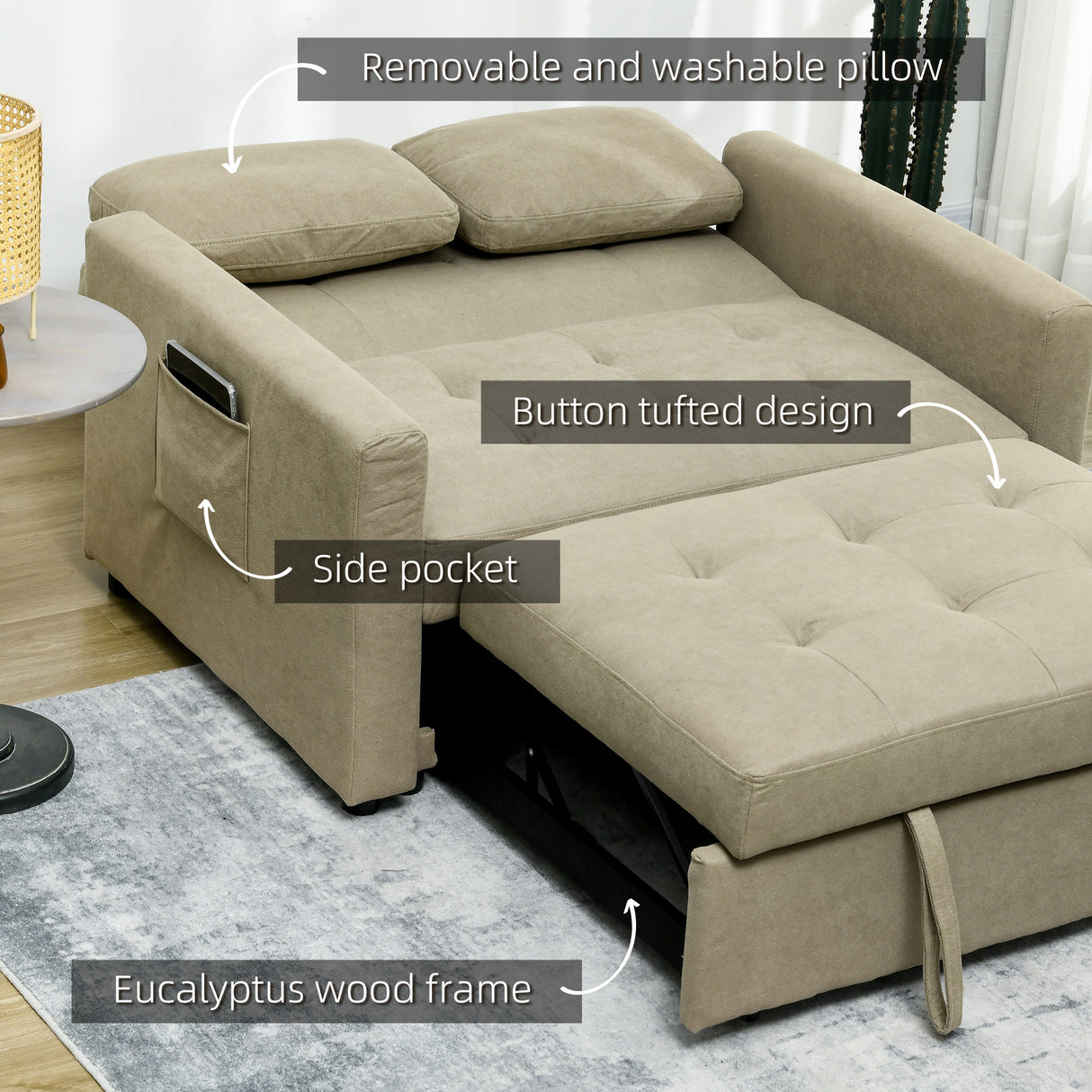 Snow Flannel Fabric 2 Seater Sofa Bed 120cm Wide With 2 Pillows - Velmora