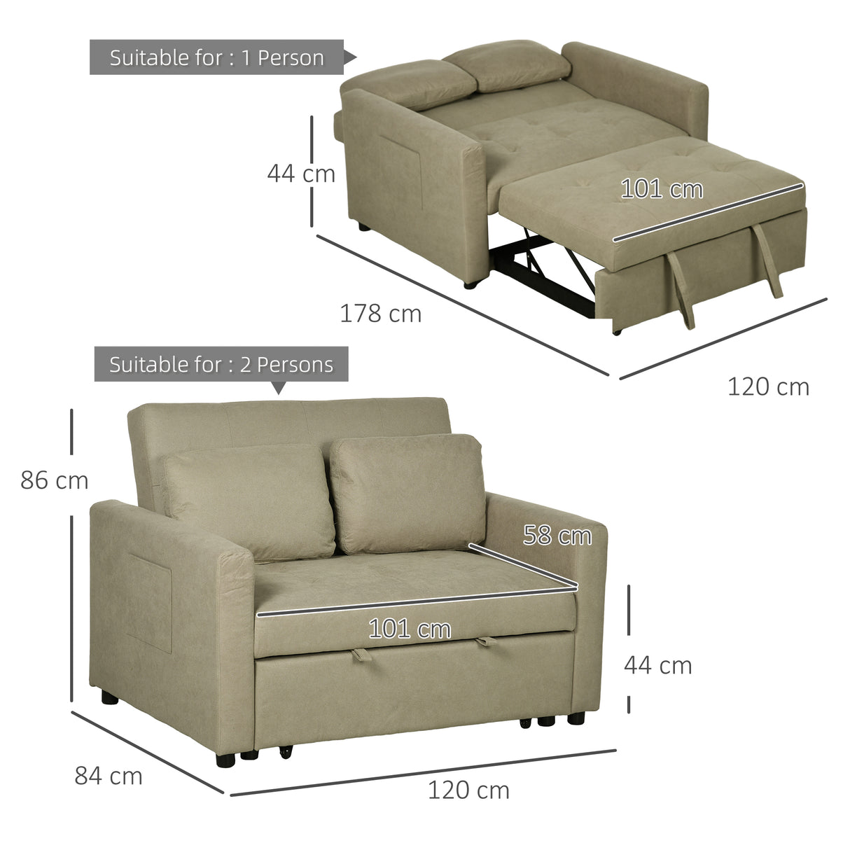 Snow Flannel Fabric 2 Seater Sofa Bed 120cm Wide With 2 Pillows - Velmora