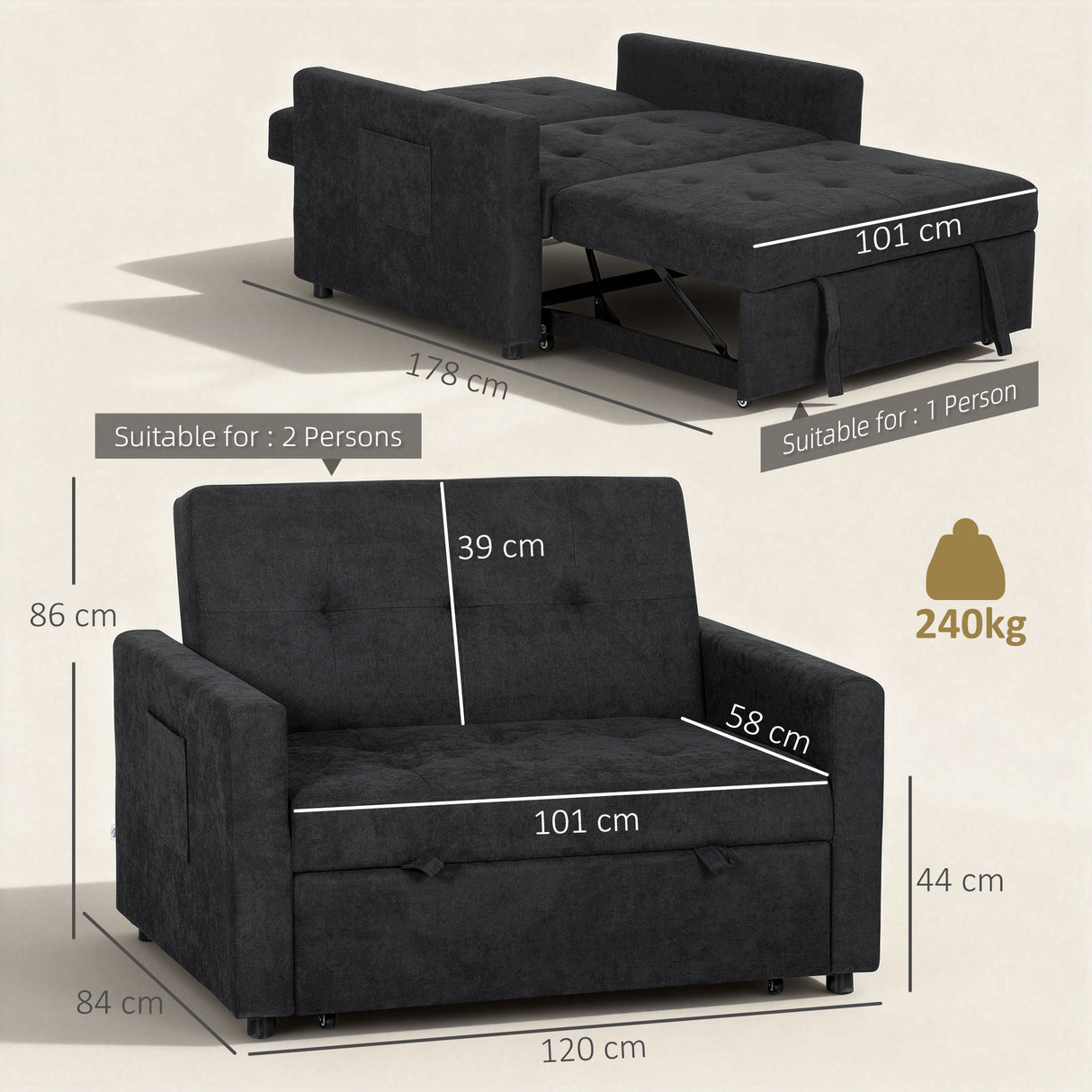Snow Flannel Fabric 2 Seater Sofa Bed 120cm Wide With 2 Pillows - Velmora