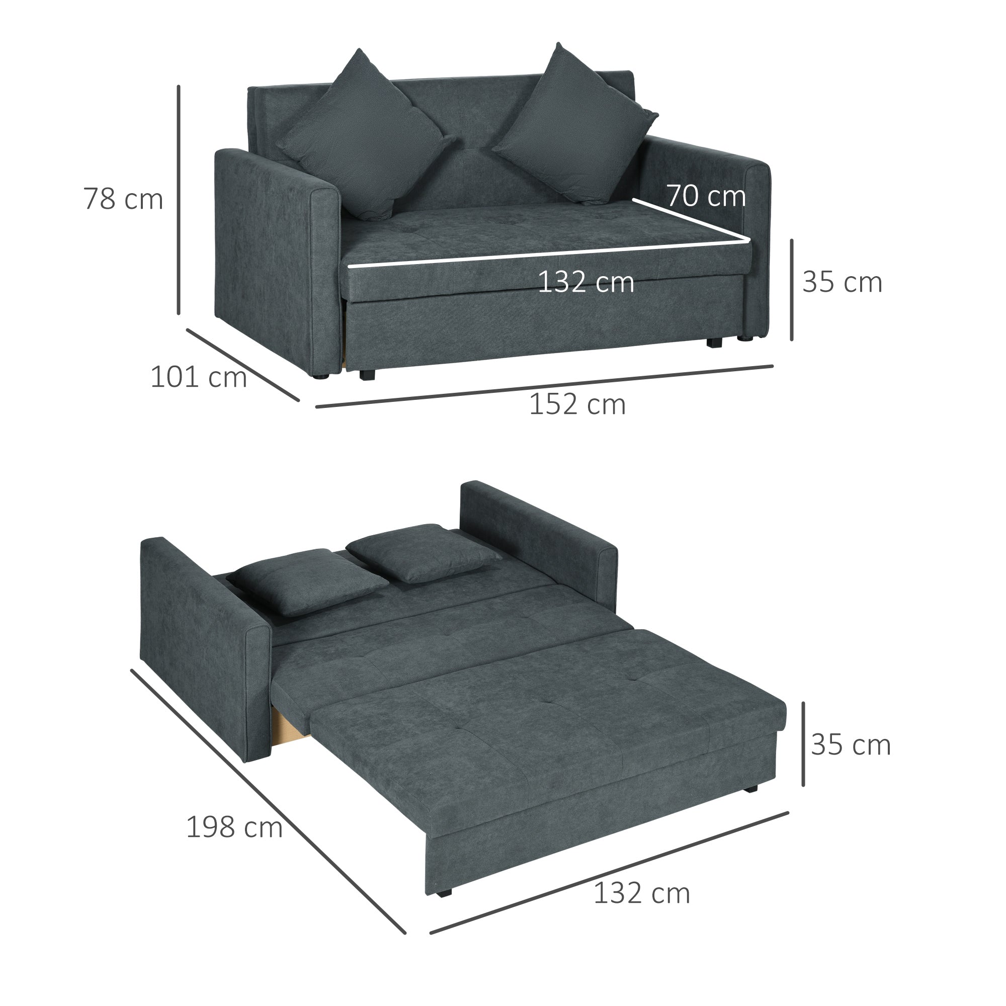 Snow Flannel Fabric 2 Seater Sofa Bed 152cm Wide With Storage And 2 Pillows - Velmora