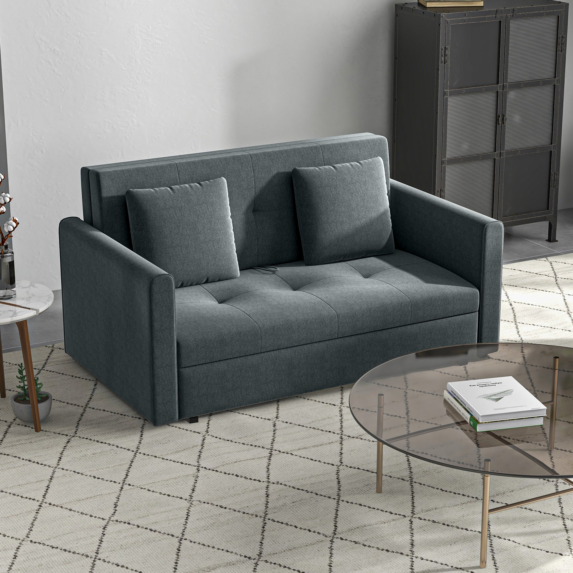 Snow Flannel Fabric 2 Seater Sofa Bed 152cm Wide With Storage And 2 Pillows - Velmora
