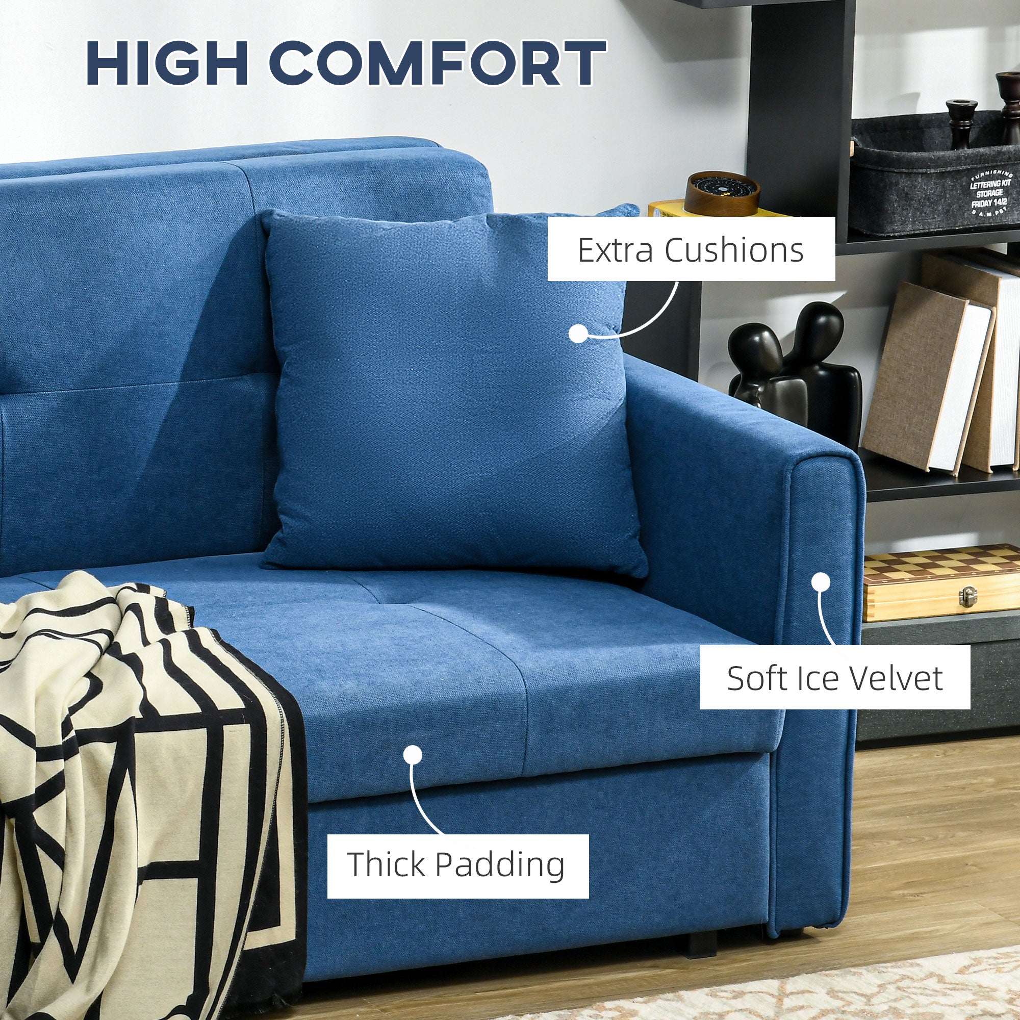 Snow Flannel Fabric 2 Seater Sofa Bed 152cm Wide With Storage And 2 Pillows - Velmora