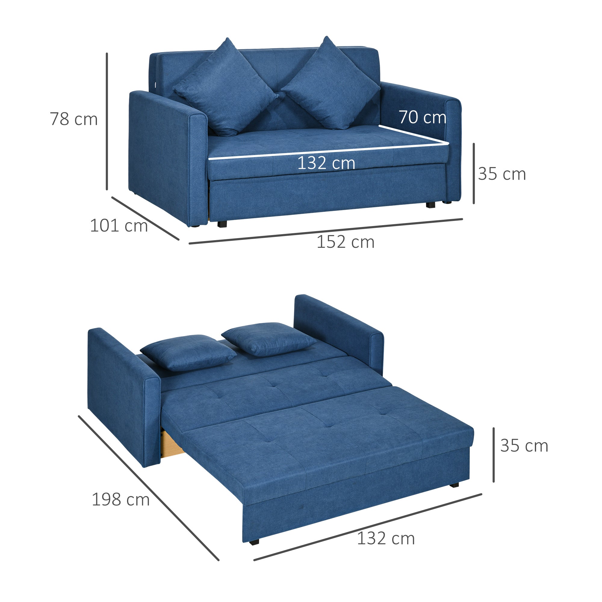 Snow Flannel Fabric 2 Seater Sofa Bed 152cm Wide With Storage And 2 Pillows - Velmora