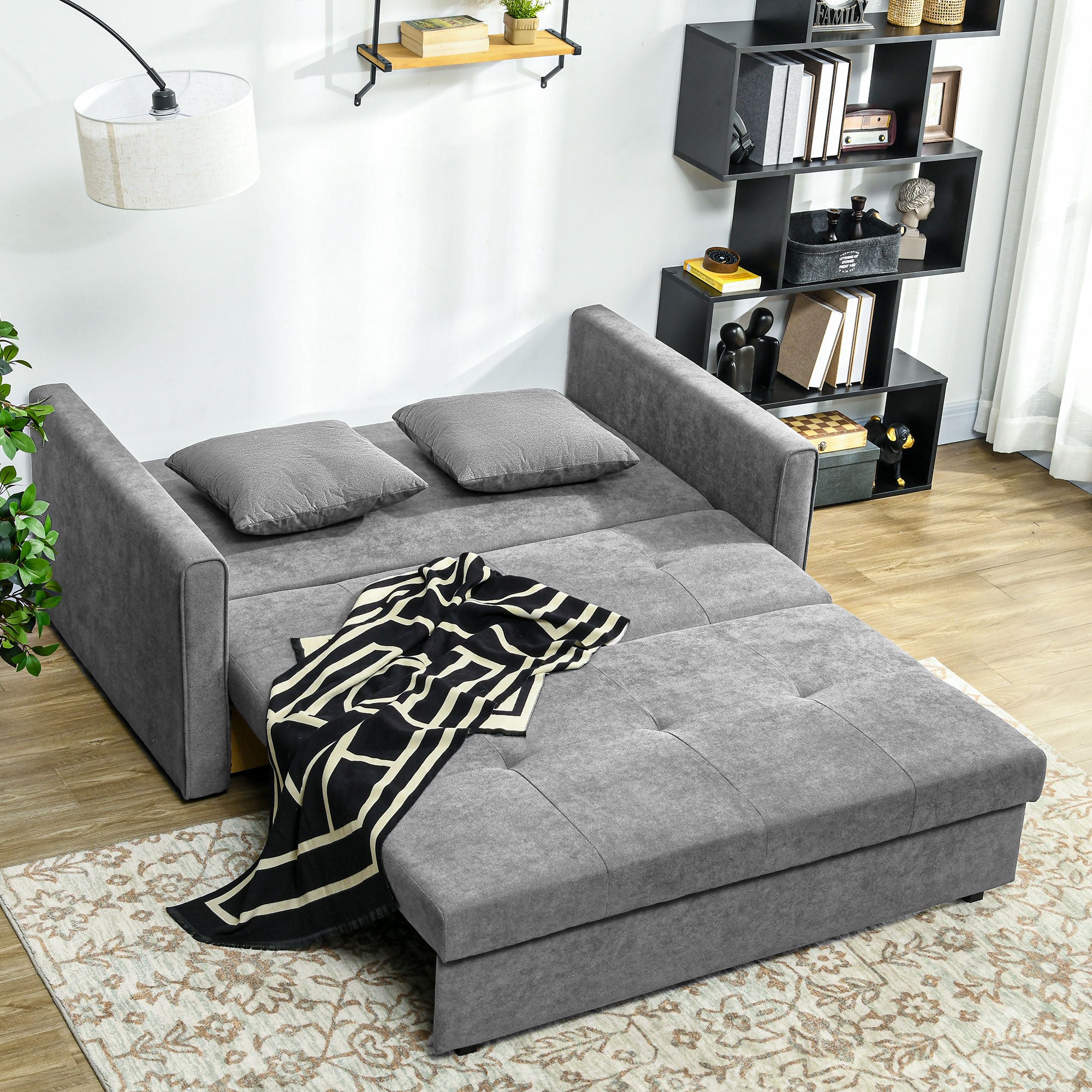 Snow Flannel Fabric 2 Seater Sofa Bed 152cm Wide With Storage And 2 Pillows - Velmora