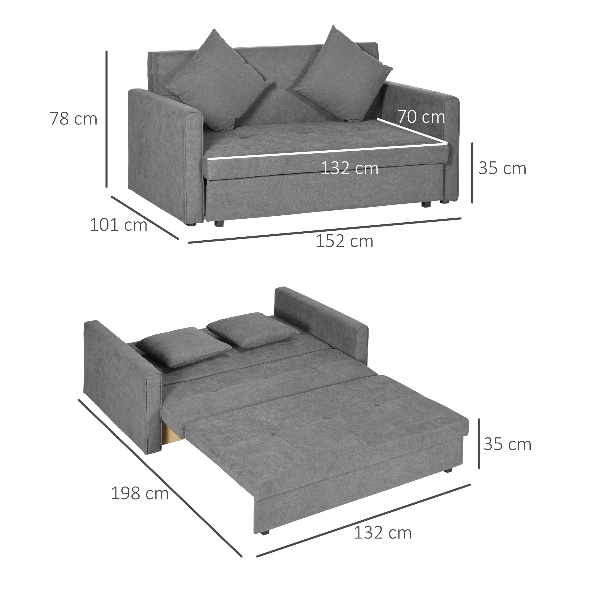 Snow Flannel Fabric 2 Seater Sofa Bed 152cm Wide With Storage And 2 Pillows - Velmora