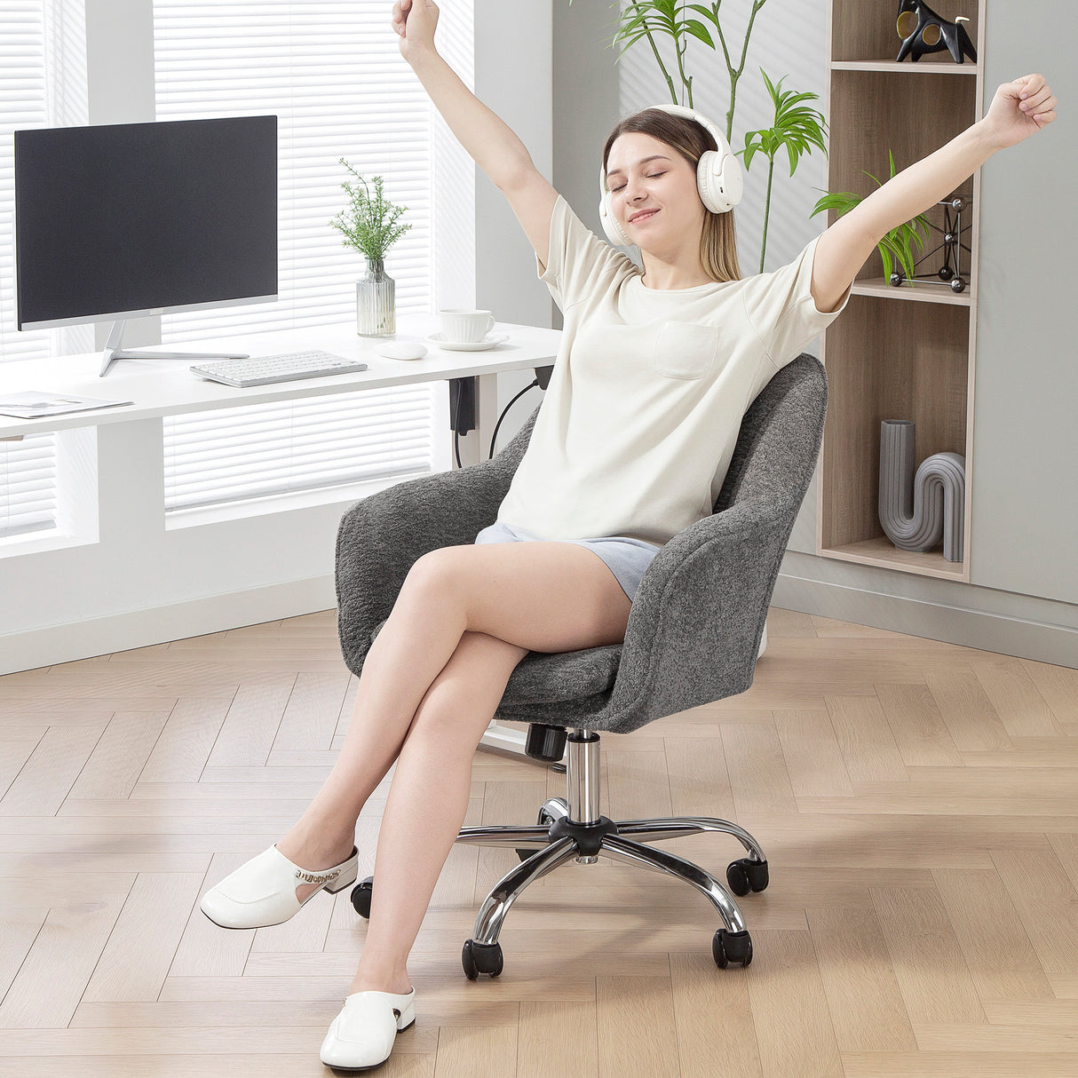 Snow Flannel Fabric Home And Office Chair 64cm Wide - Velmora