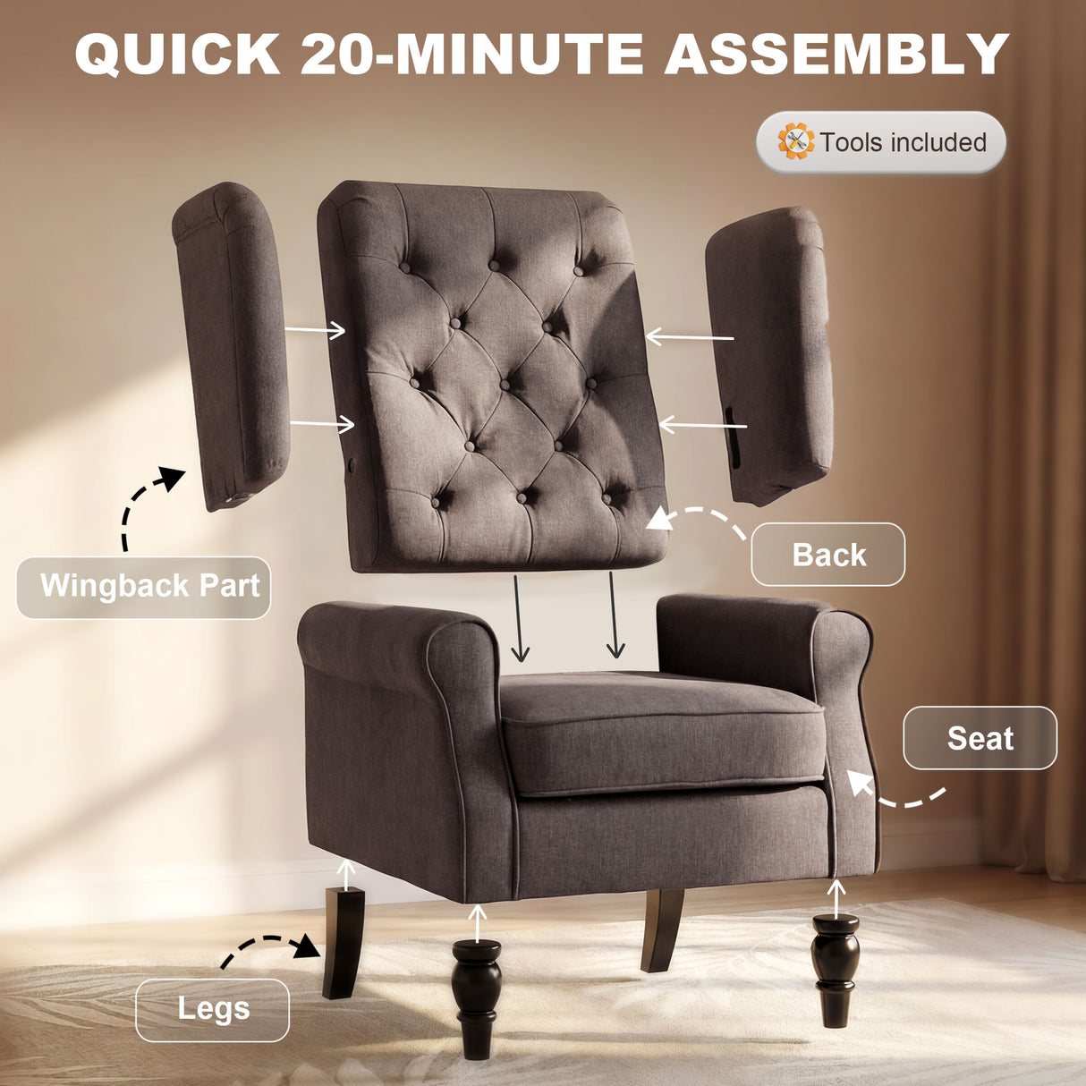 Snow Flannel Fabric Wingback Occasional Chair 74cm Wide - Velmora