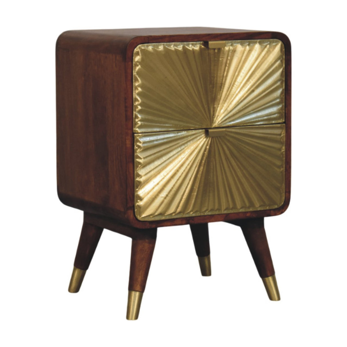 Solid Mango Wood Bedside Cabinet With 2 Brass Embossed Doors - Avora