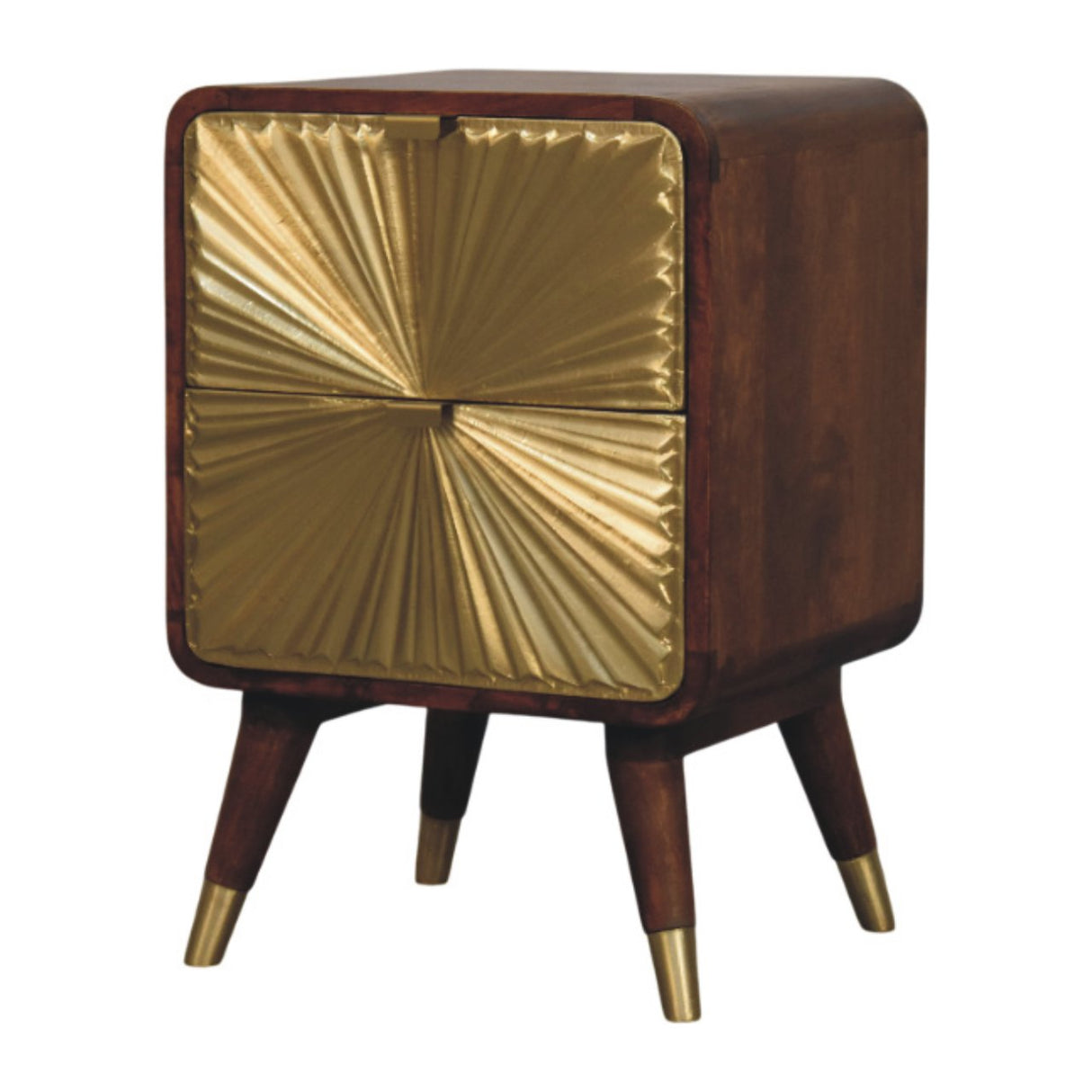 Solid Mango Wood Bedside Cabinet With 2 Brass Embossed Doors - Avora
