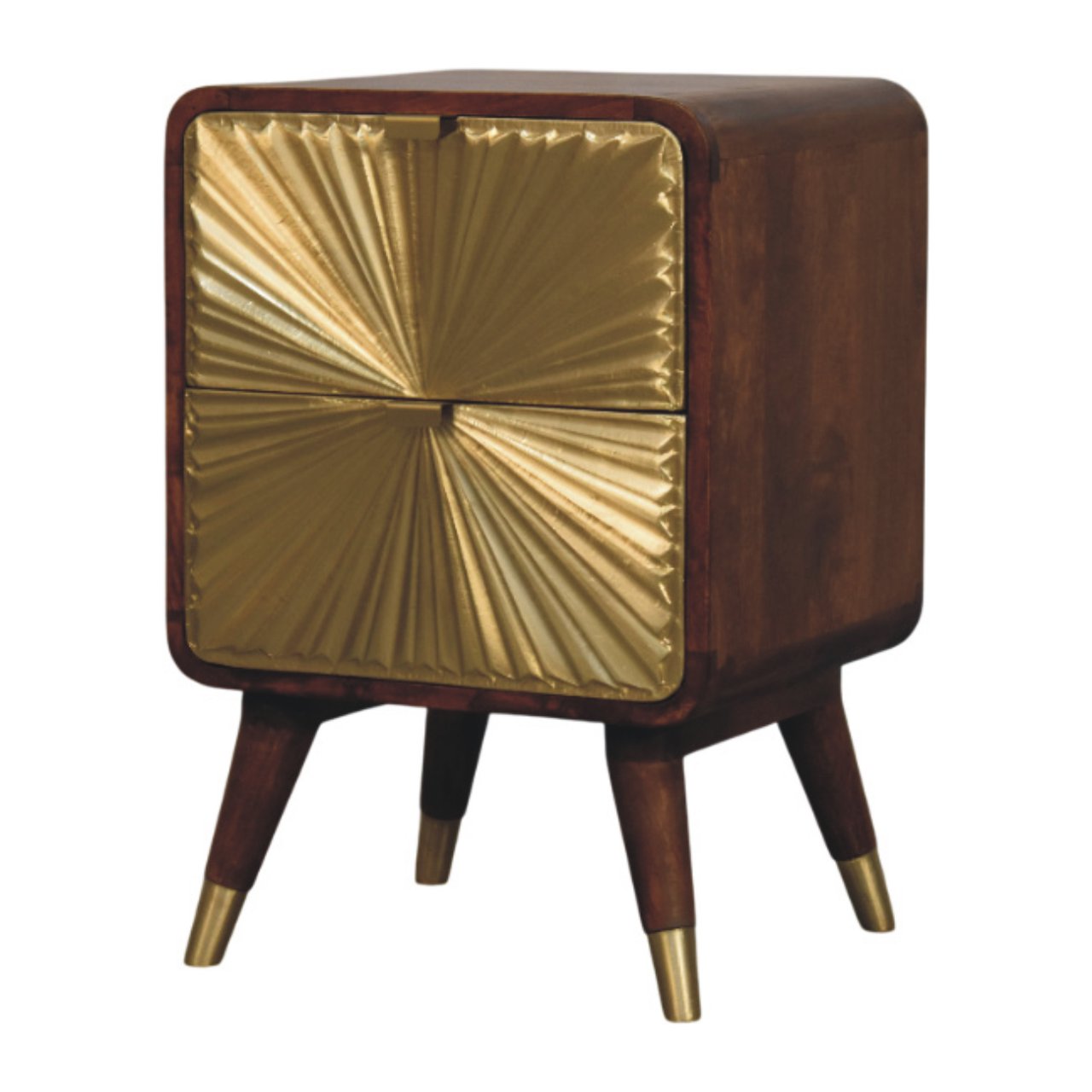 Solid Mango Wood Bedside Cabinet With 2 Brass Embossed Doors - Avora