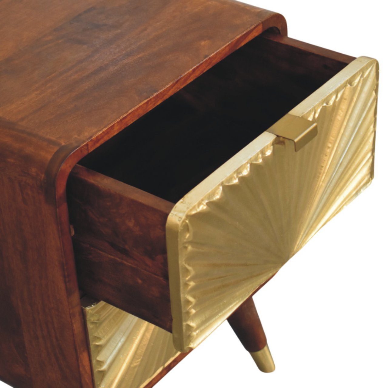 Solid Mango Wood Bedside Cabinet With 2 Brass Embossed Doors - Avora