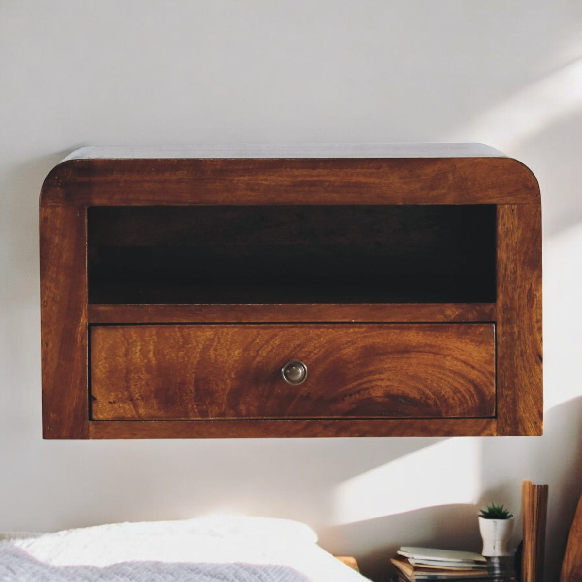 Solid Mango Wood Bedside Cabinet Wall Mounted With 1 Drawer ...