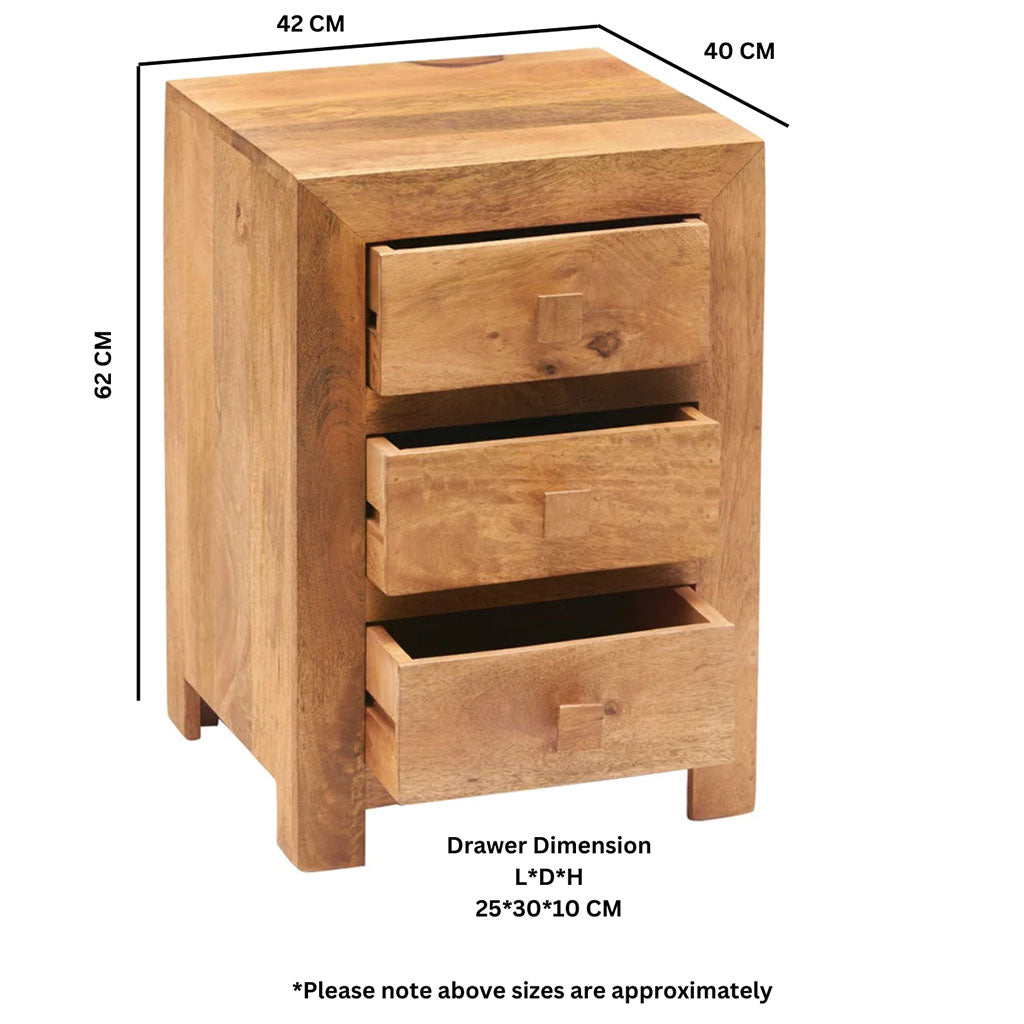Solid Mango Wood Bedside Cabinet With 3 Drawers - Toko