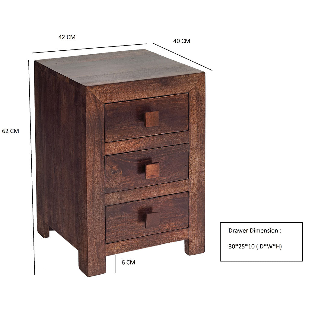 Solid Mango Wood Bedside Cabinet With 3 Drawers - Toko