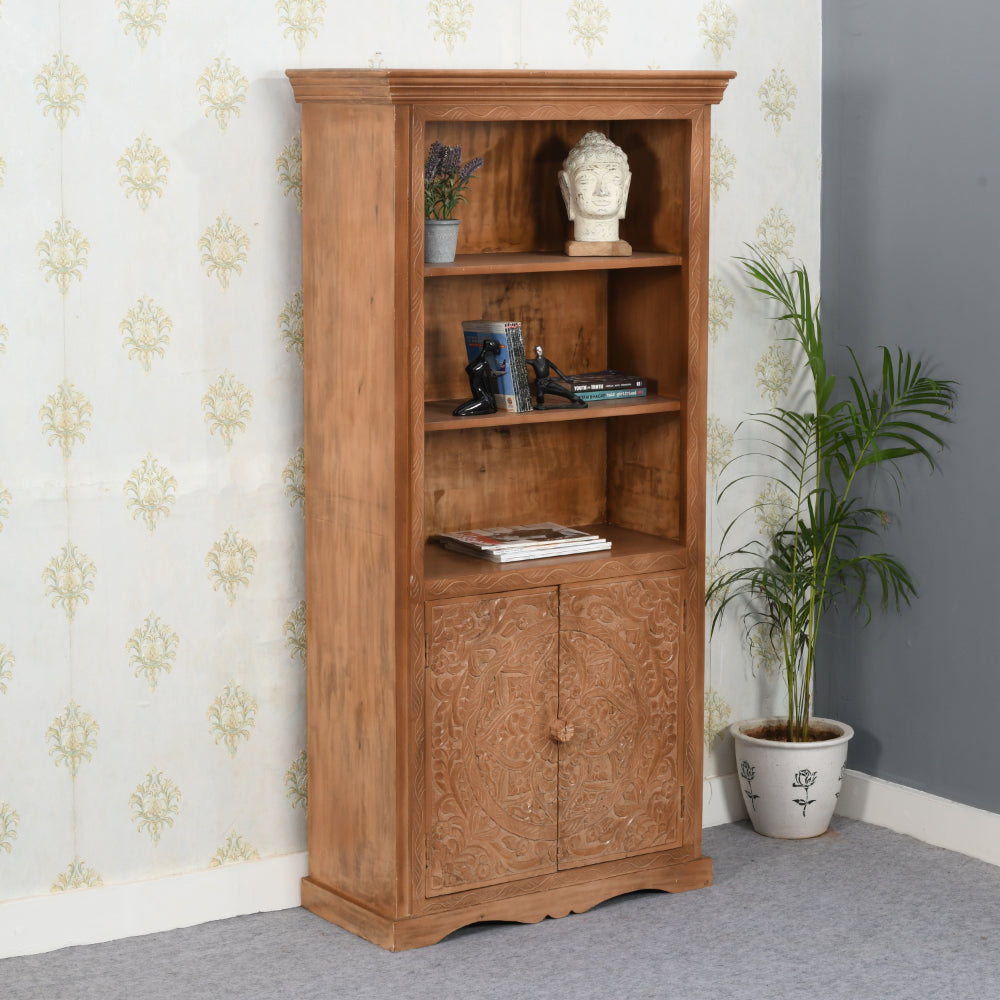 Solid Mango Wood Bookcase With 2 Doors - Artwork