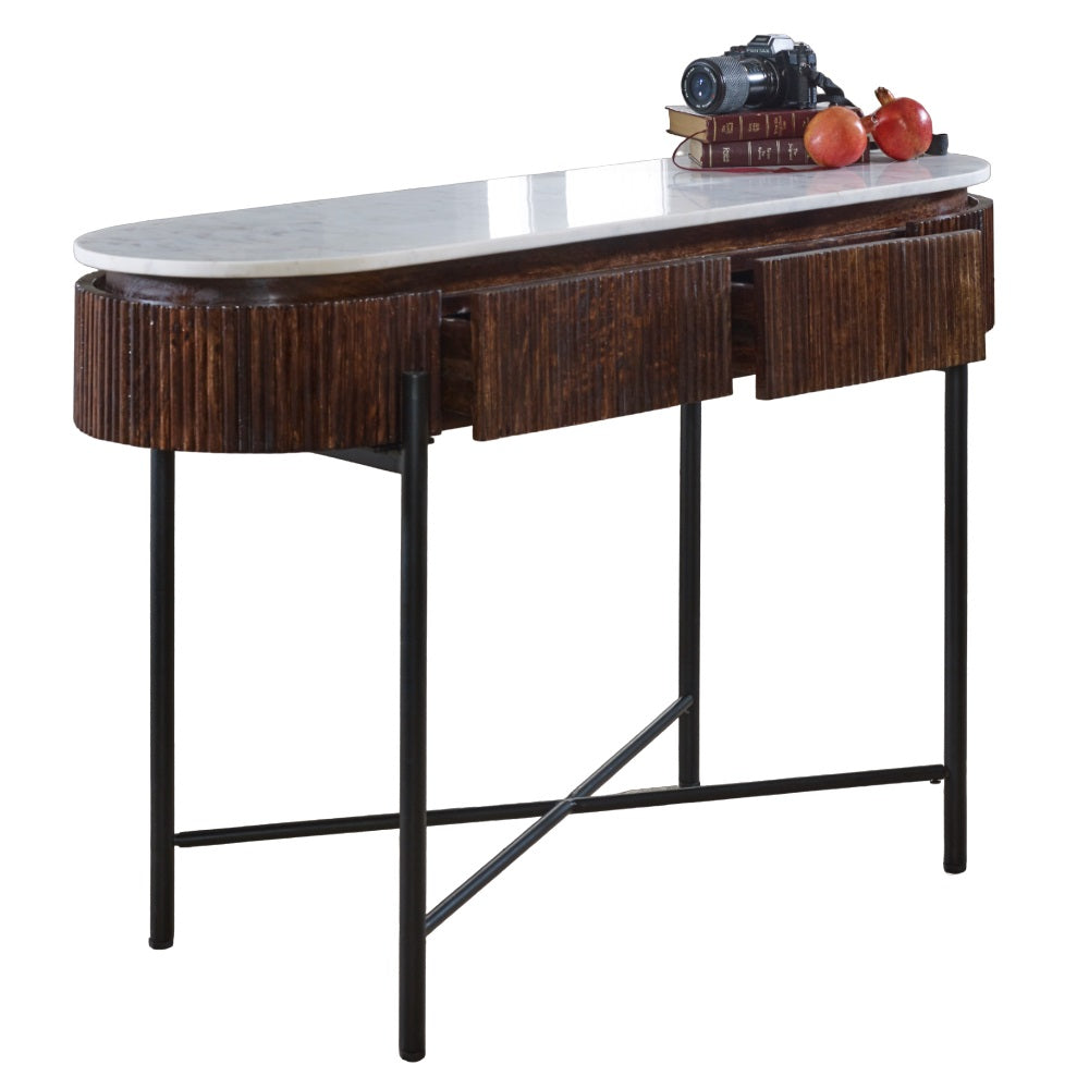 Solid Mango Wood Console Table Round With White Marble Top - Opal