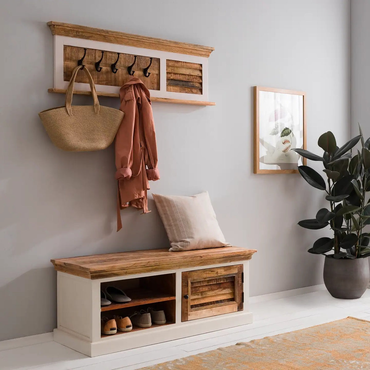 Solid Mango Wood Shoe Rack With Coat Hanger - Alfie | Cozy Furniture Direct