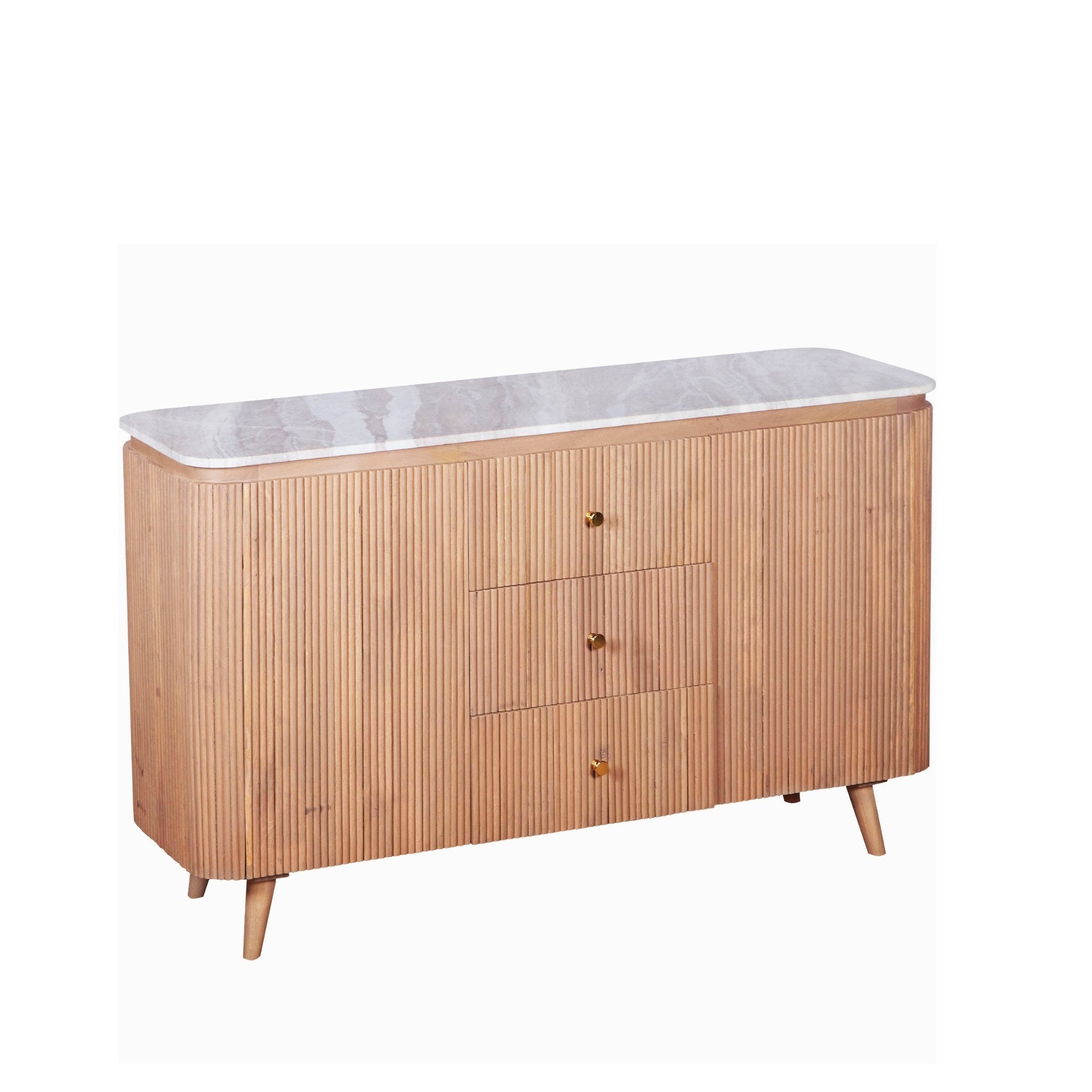 Solid Mango Wood Sideboard With 2 Doors 3 Drawers And Natural Marble Top - Ashford