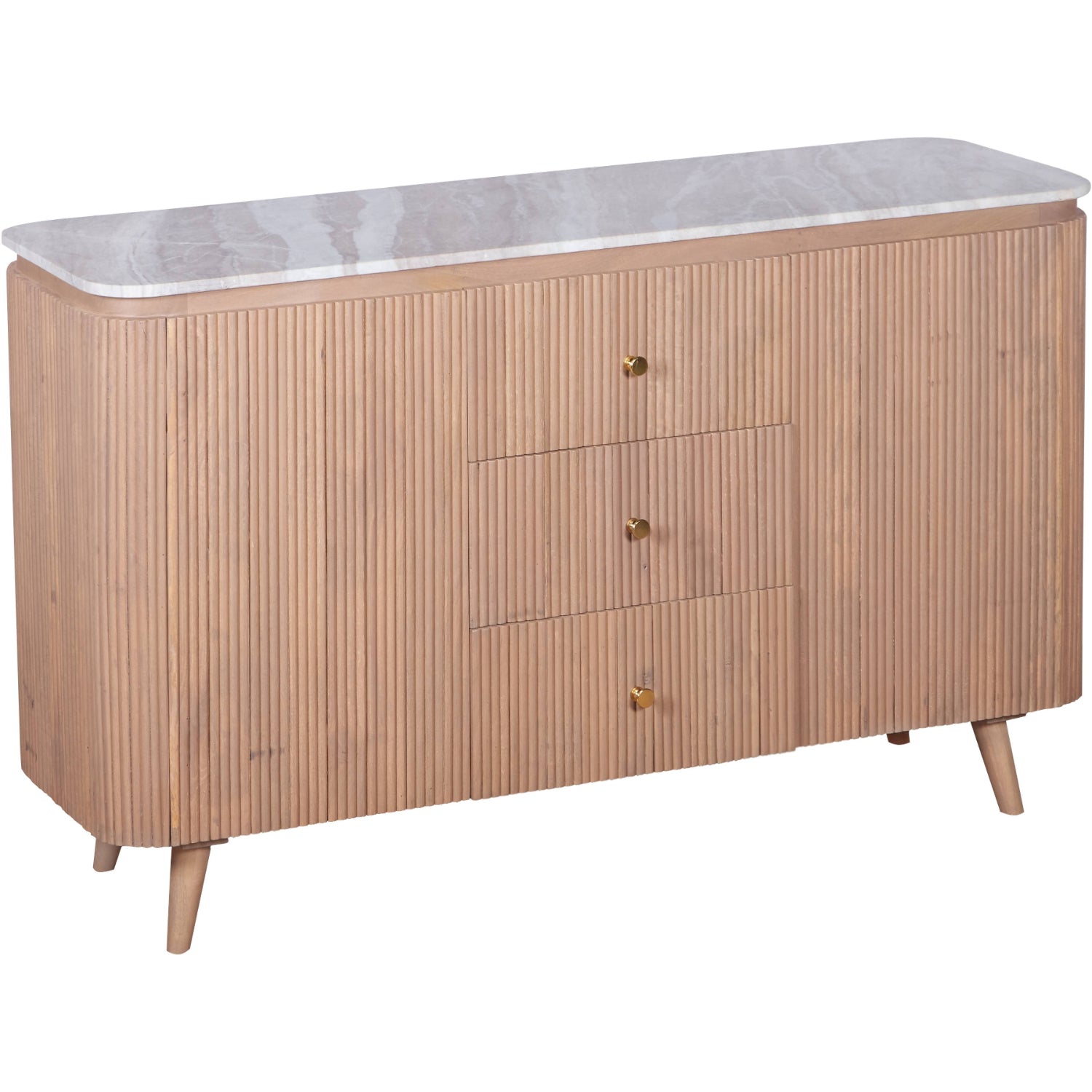 Solid Mango Wood Sideboard With 2 Doors 3 Drawers And Natural Marble Top - Ashford