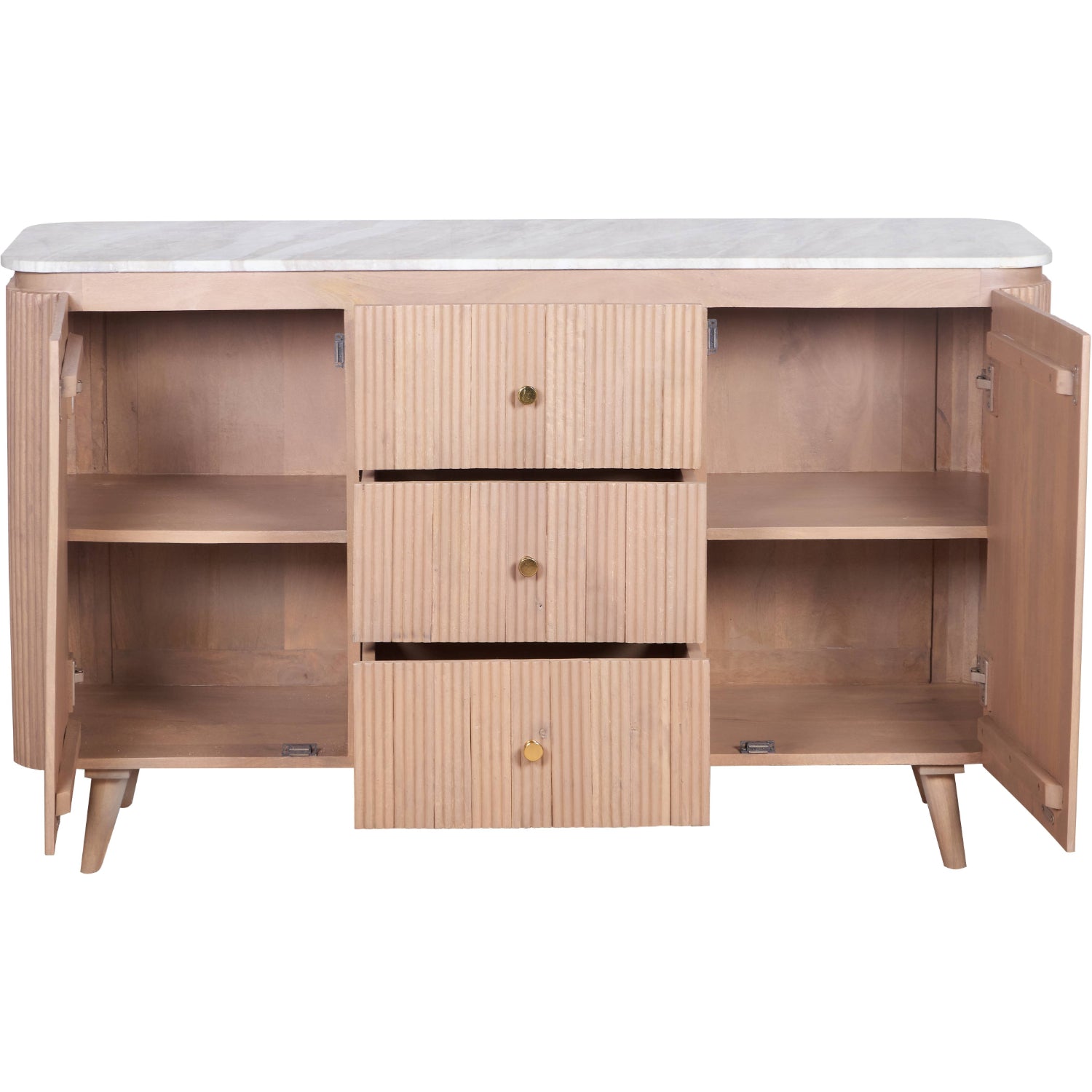 Solid Mango Wood Sideboard With 2 Doors 3 Drawers And Natural Marble Top - Ashford