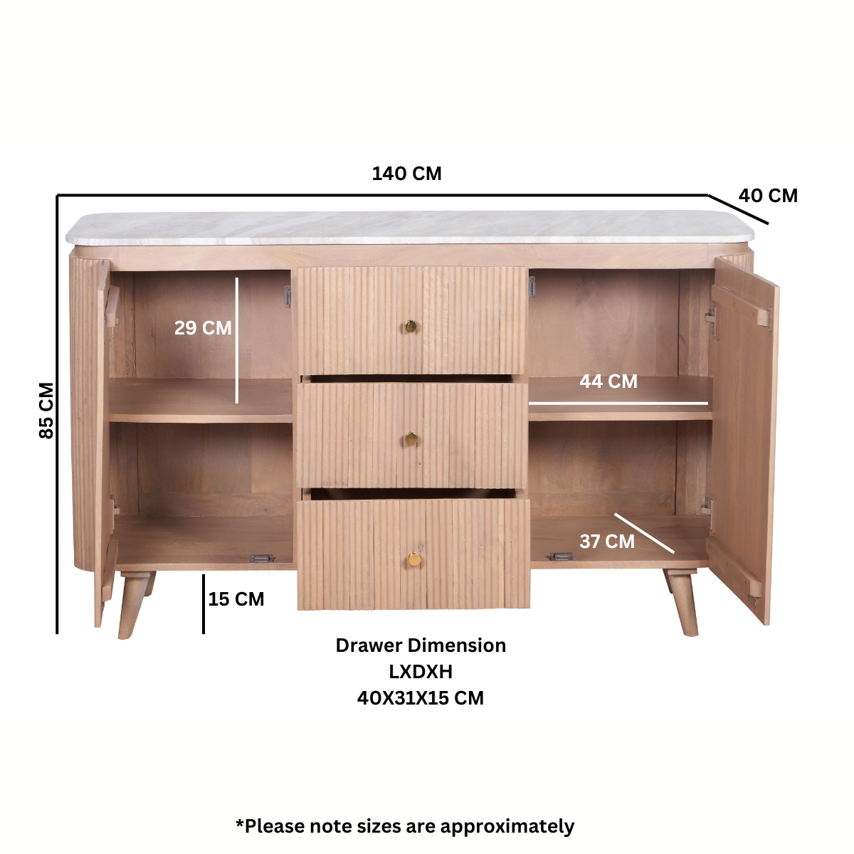 Solid Mango Wood Sideboard With 2 Doors 3 Drawers And Natural Marble Top - Ashford