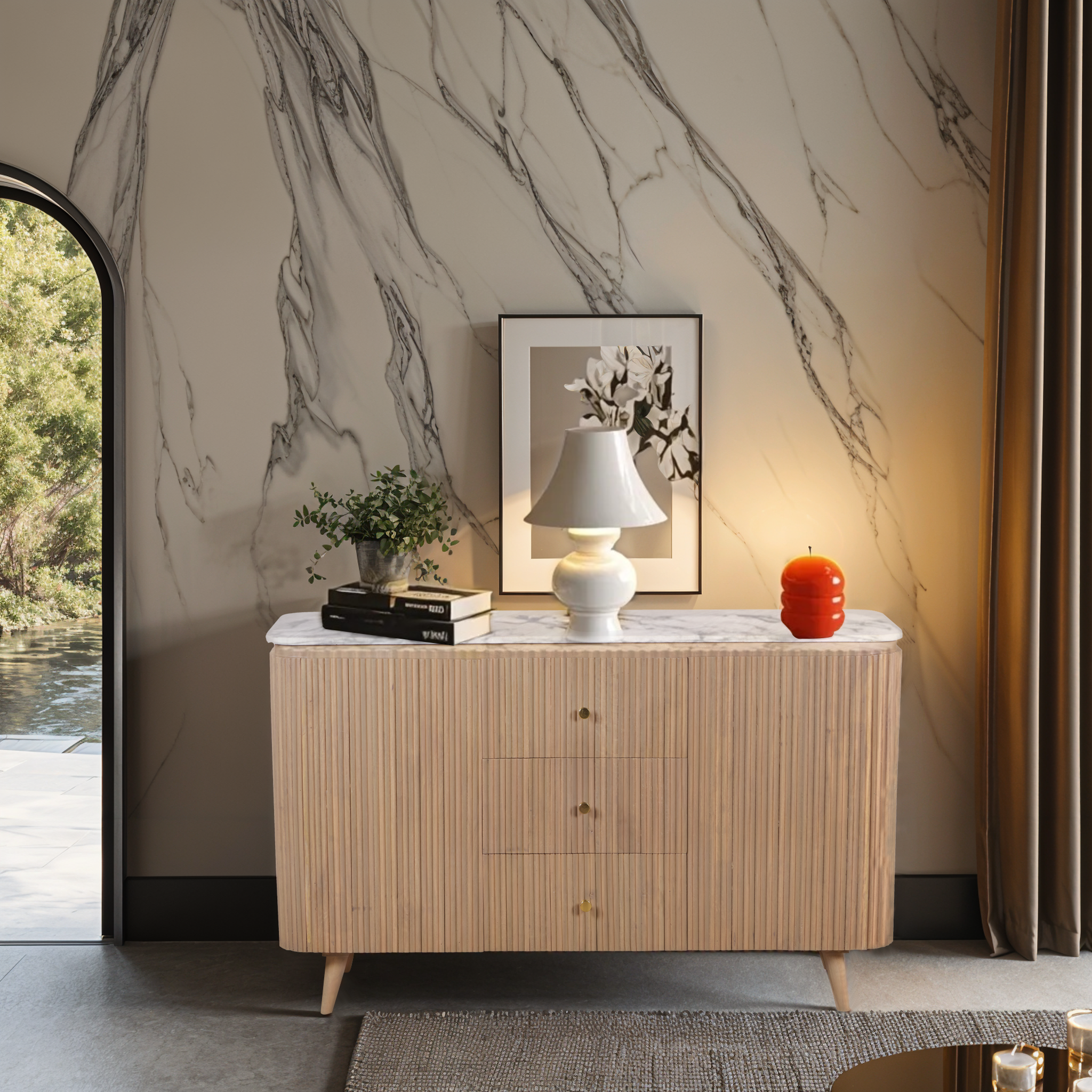 Solid Mango Wood Sideboard With 2 Doors 3 Drawers And Natural Marble Top - Ashford