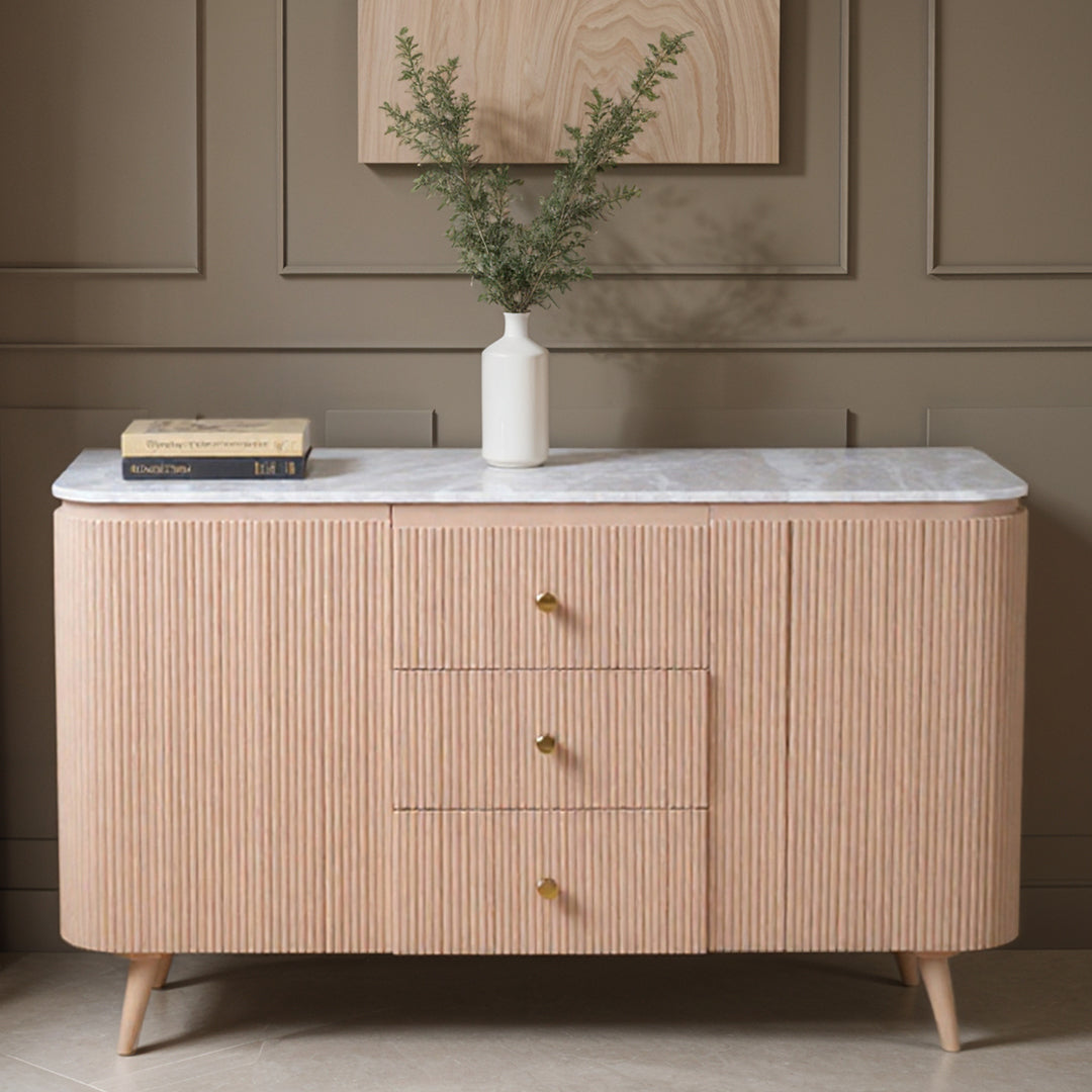 Solid Mango Wood Sideboard With 2 Doors 3 Drawers And Natural Marble Top - Ashford