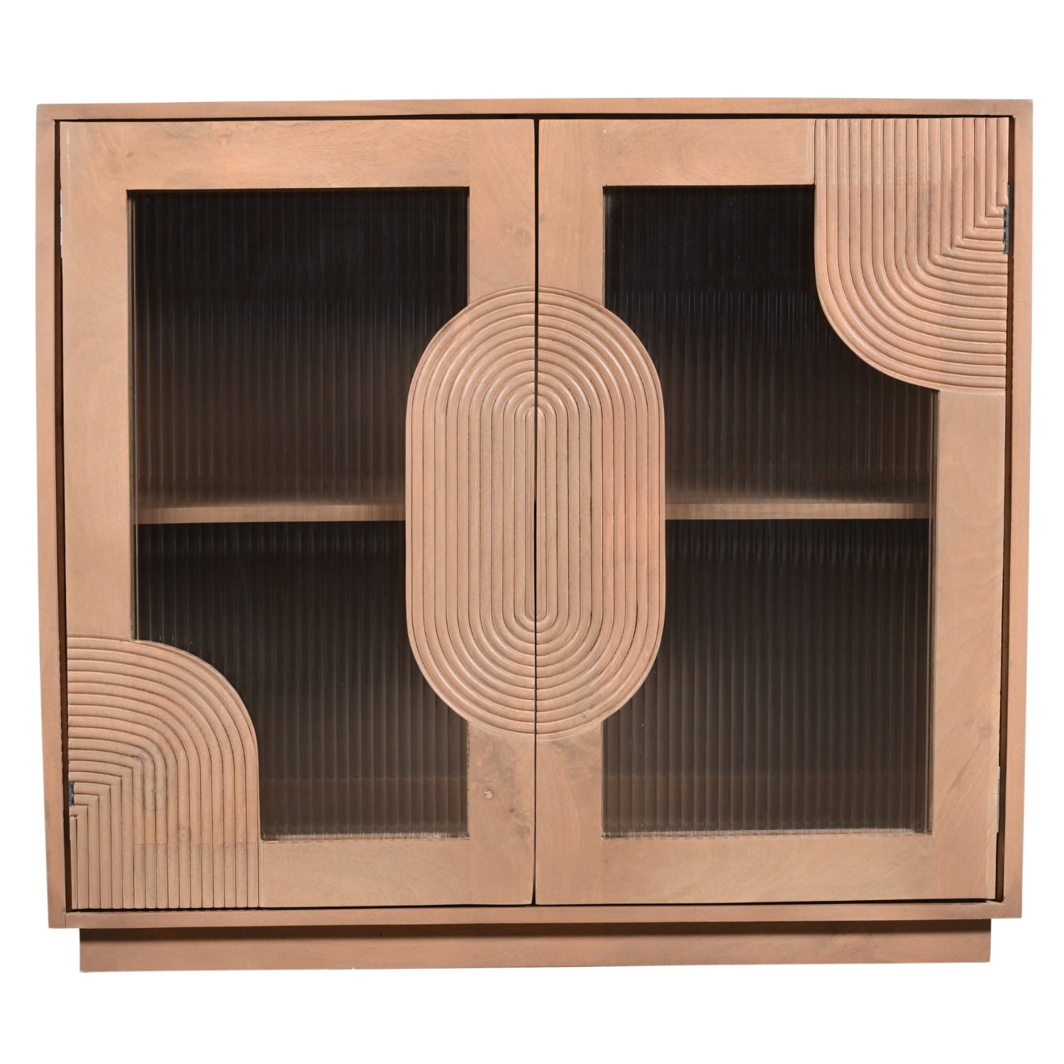 Solid Mango Wood Storage Cabinet With 2 Fluted Glass Doors - Indus
