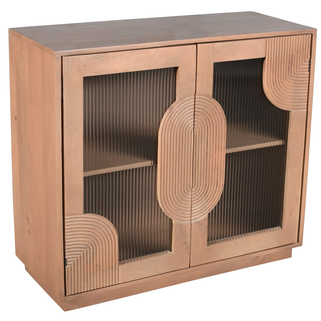 Solid Mango Wood Storage Cabinet With 2 Fluted Glass Doors - Indus