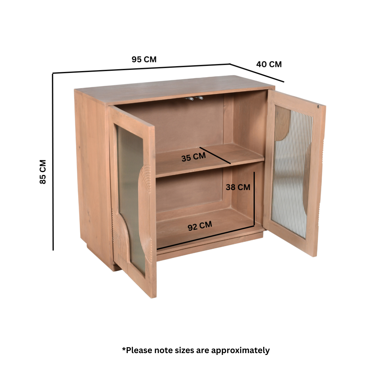 Solid Mango Wood Storage Cabinet With 2 Fluted Glass Doors - Indus