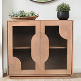 Solid Mango Wood Storage Cabinet With 2 Fluted Glass Doors - Indus