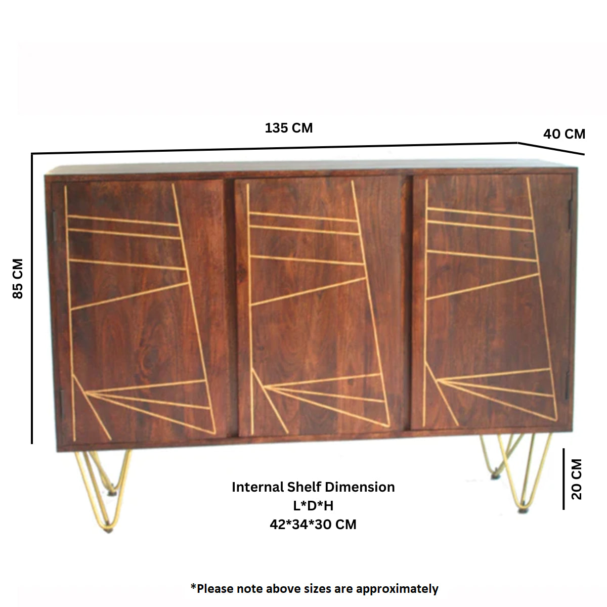 Solid Mango Wood Storage Cabinet With 3 Doors - Dark Gold