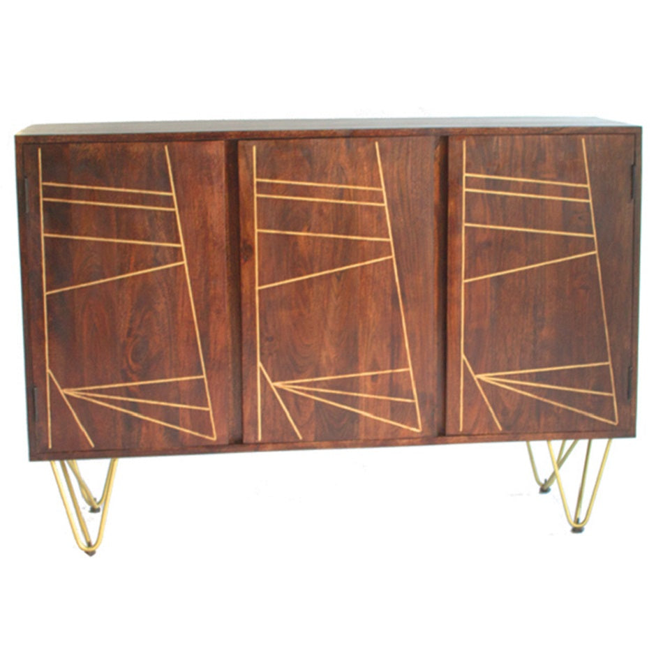 Solid Mango Wood Storage Cabinet With 3 Doors - Dark Gold