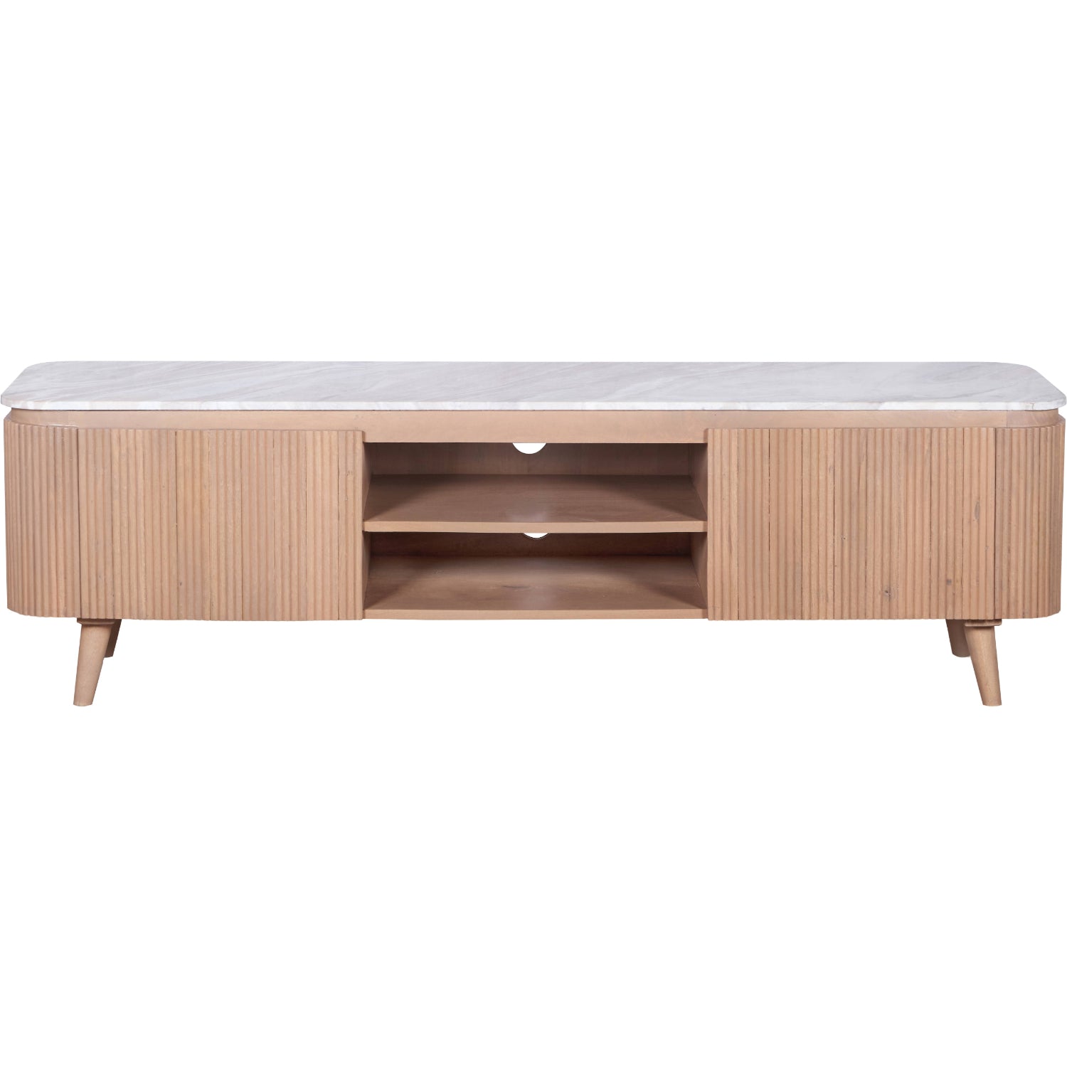 Solid Mango Wood TV Stand With 2 Doors And Natural Marble Top - Ashford
