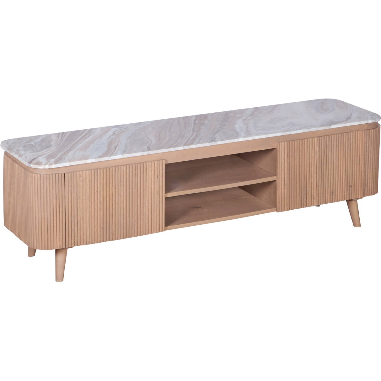 Solid Mango Wood TV Stand With 2 Doors And Natural Marble Top - Ashford