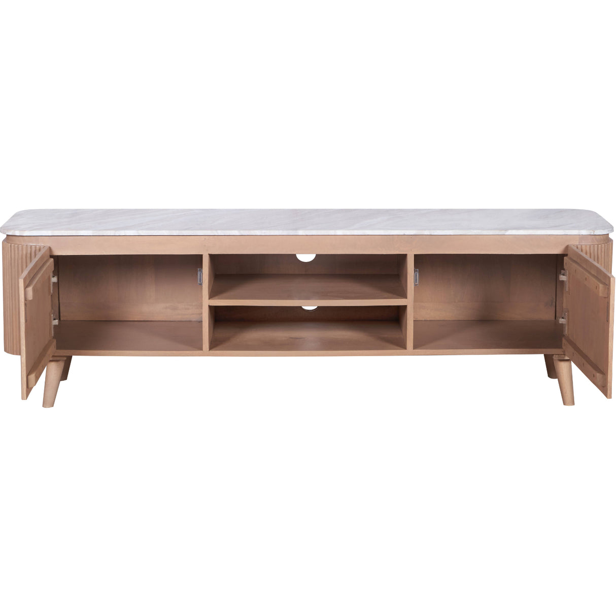 Solid Mango Wood TV Stand With 2 Doors And Natural Marble Top - Ashford