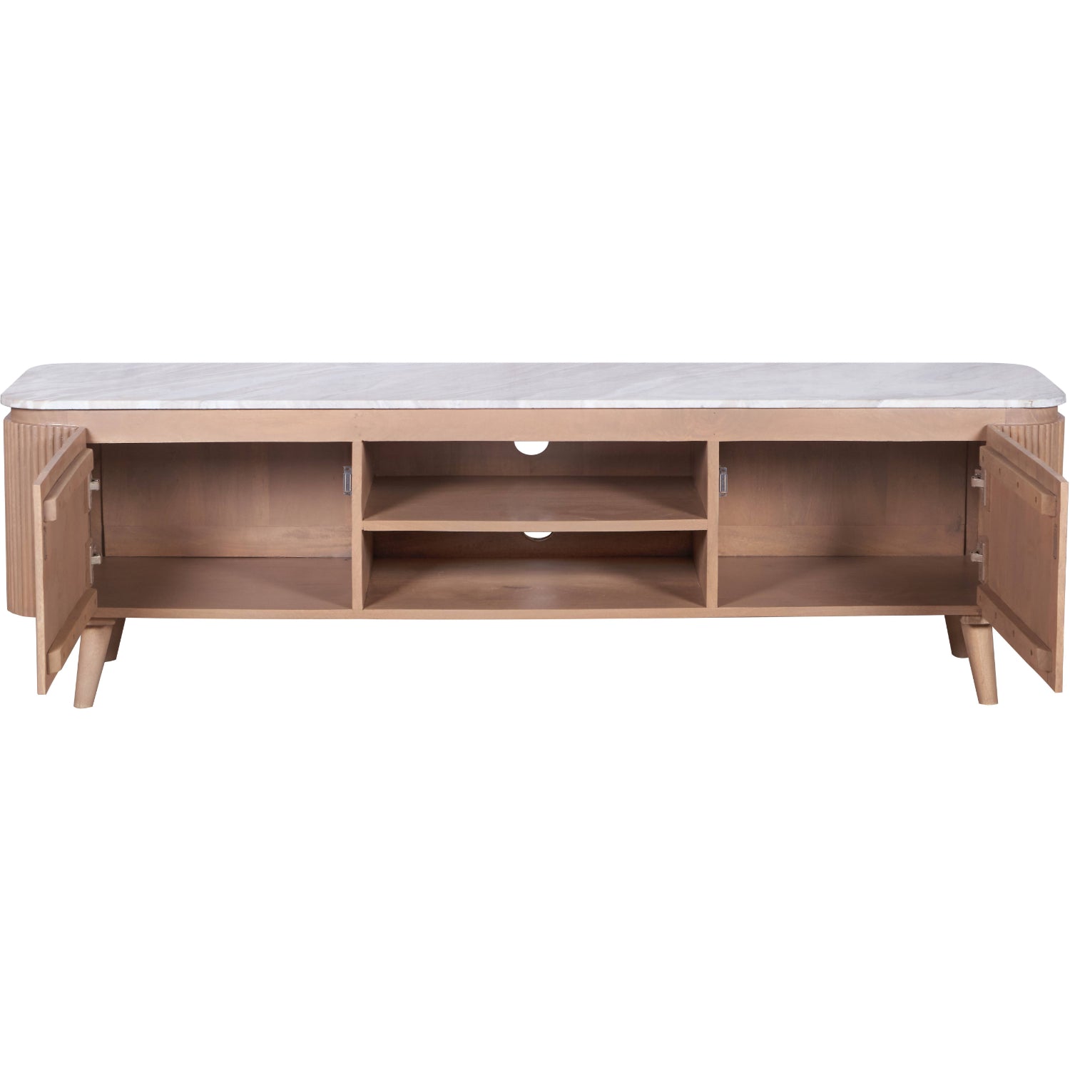 Solid Mango Wood TV Stand With 2 Doors And Natural Marble Top - Ashford