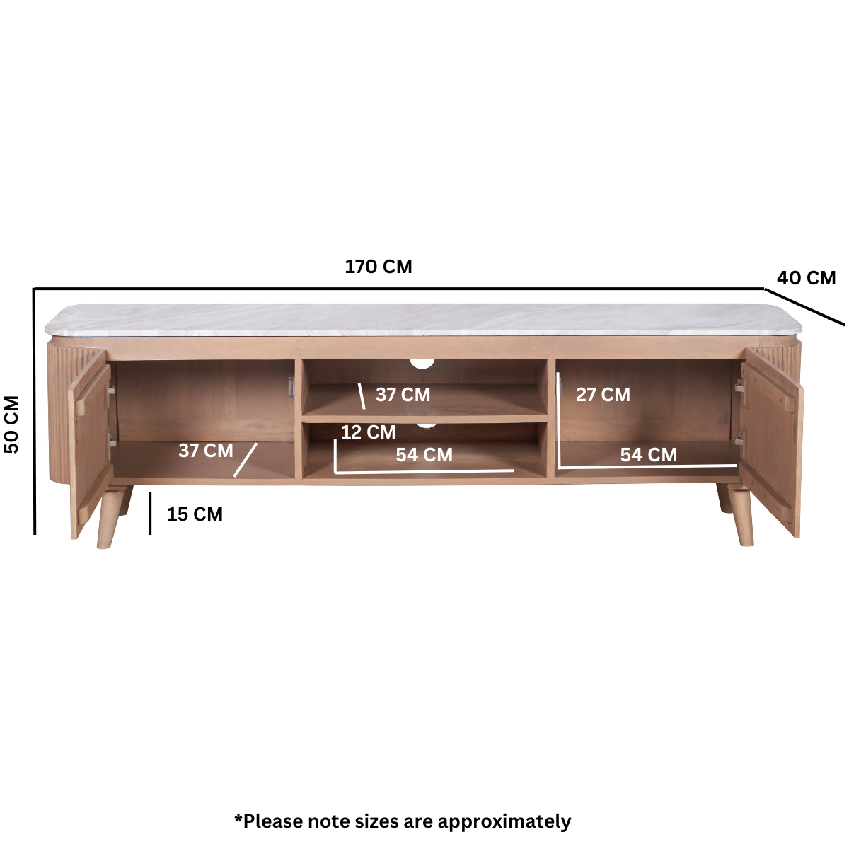 Solid Mango Wood TV Stand With 2 Doors And Natural Marble Top - Ashford
