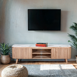 Solid Mango Wood TV Stand With 2 Doors And Natural Marble Top - Ashford