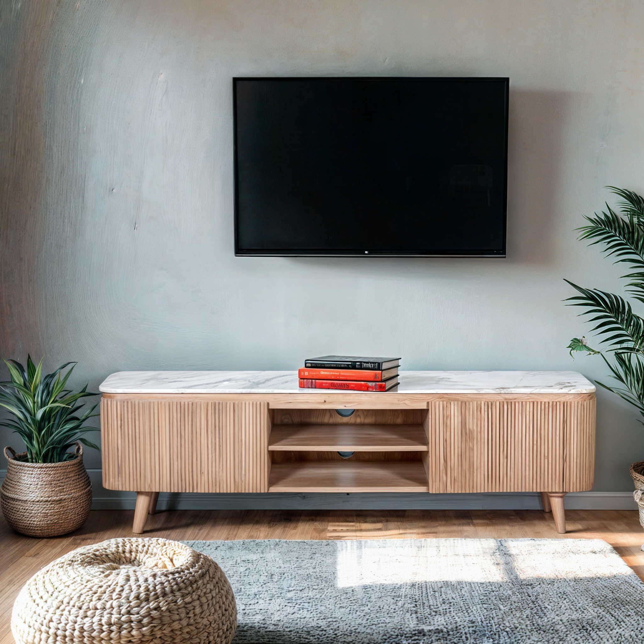 Solid Mango Wood TV Stand With 2 Doors And Natural Marble Top - Ashford