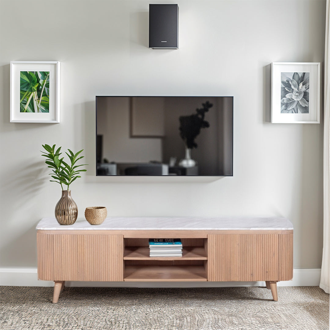 Solid Mango Wood TV Stand With 2 Doors And Natural Marble Top - Ashford