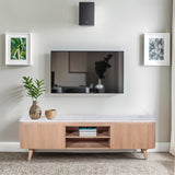 Solid Mango Wood TV Stand With 2 Doors And Natural Marble Top - Ashford