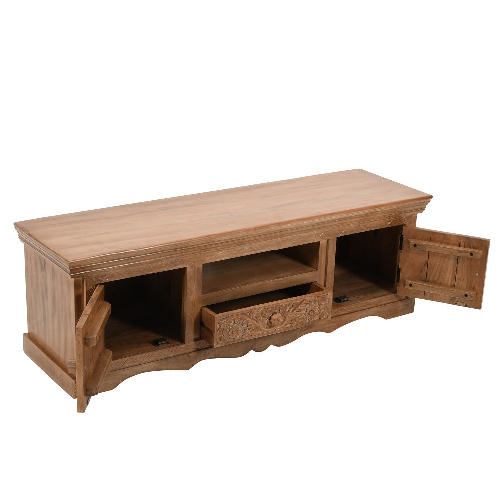 Solid Mango Wood TV Stand With 2 Doors - Artwork