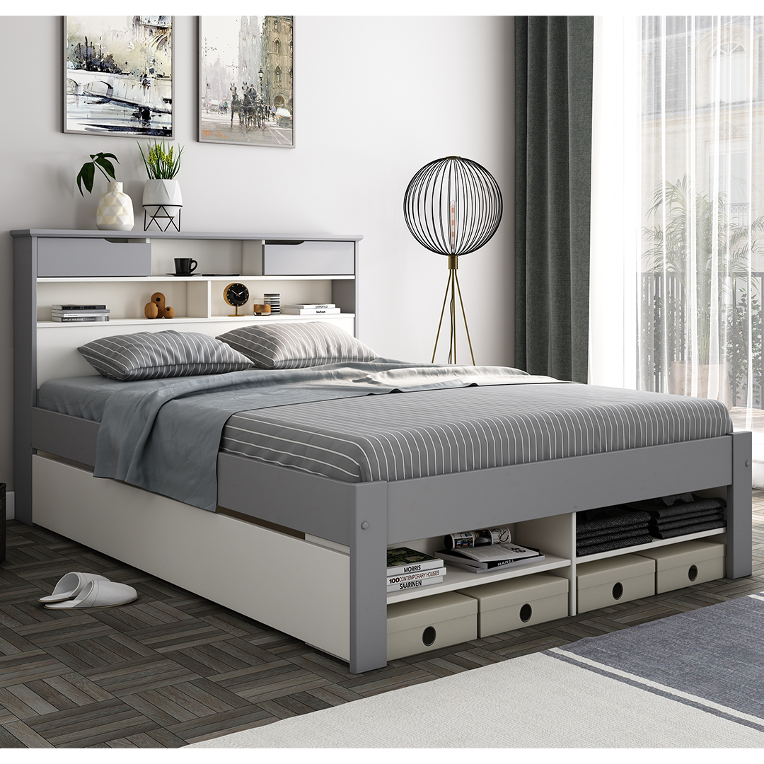 Solid Pine Wood Double Bed With Underbed Pull-Out Drawer - Fabio