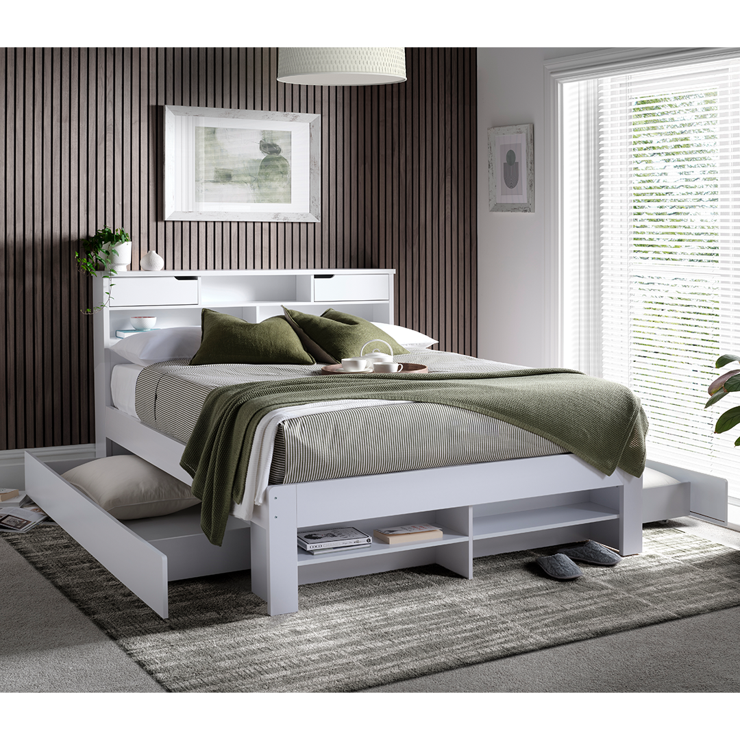 Solid Pine Wood Double Bed With Underbed Pull-Out Drawer - Fabio