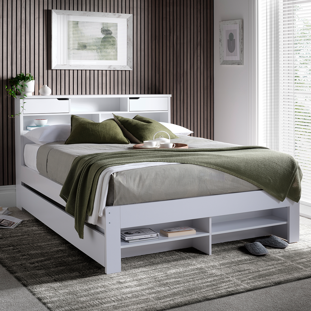 Solid Pine Wood Double Bed With Underbed Pull-Out Drawer - Fabio