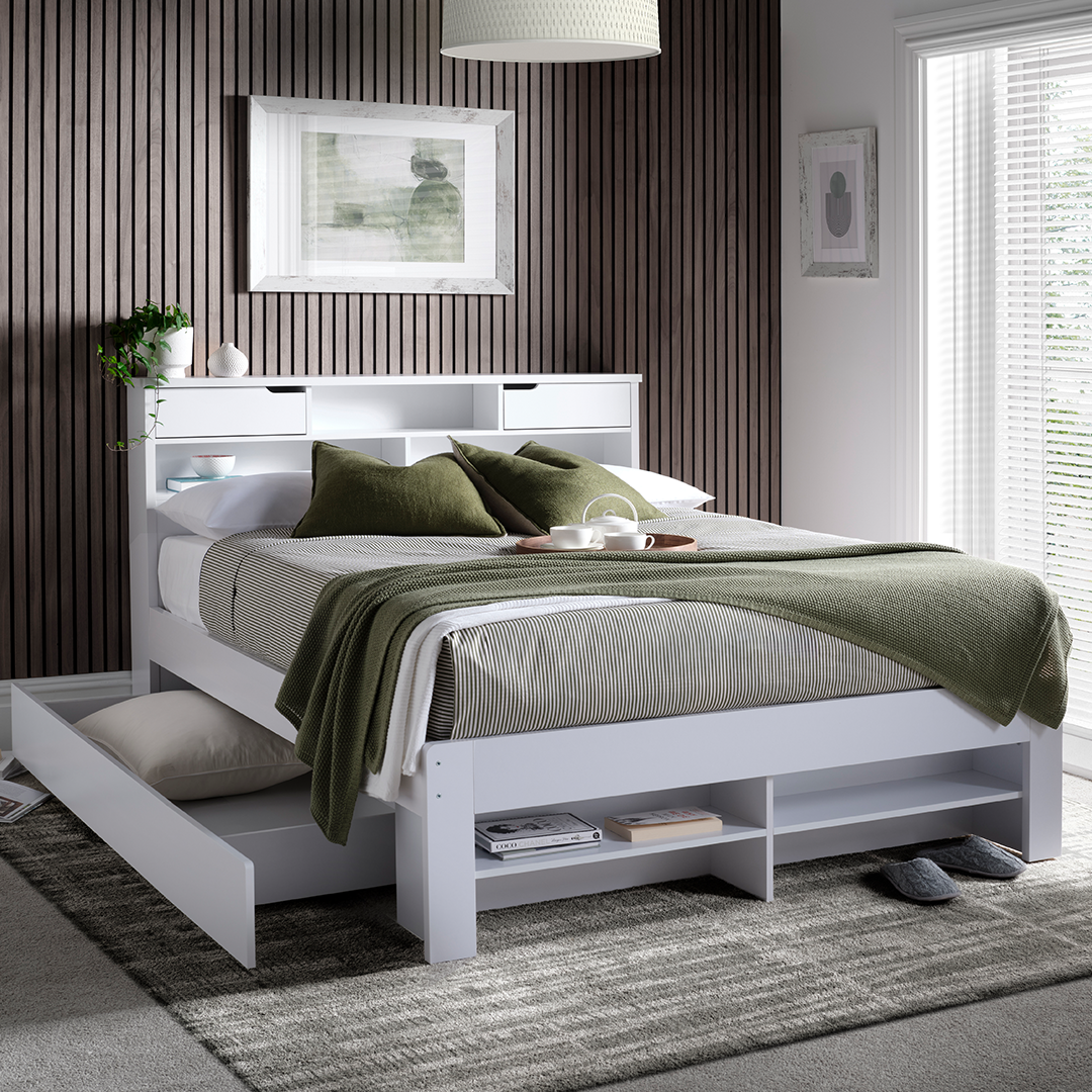 Solid Pine Wood King Size Bed With Underbed Pull-Out Drawer - Fabio