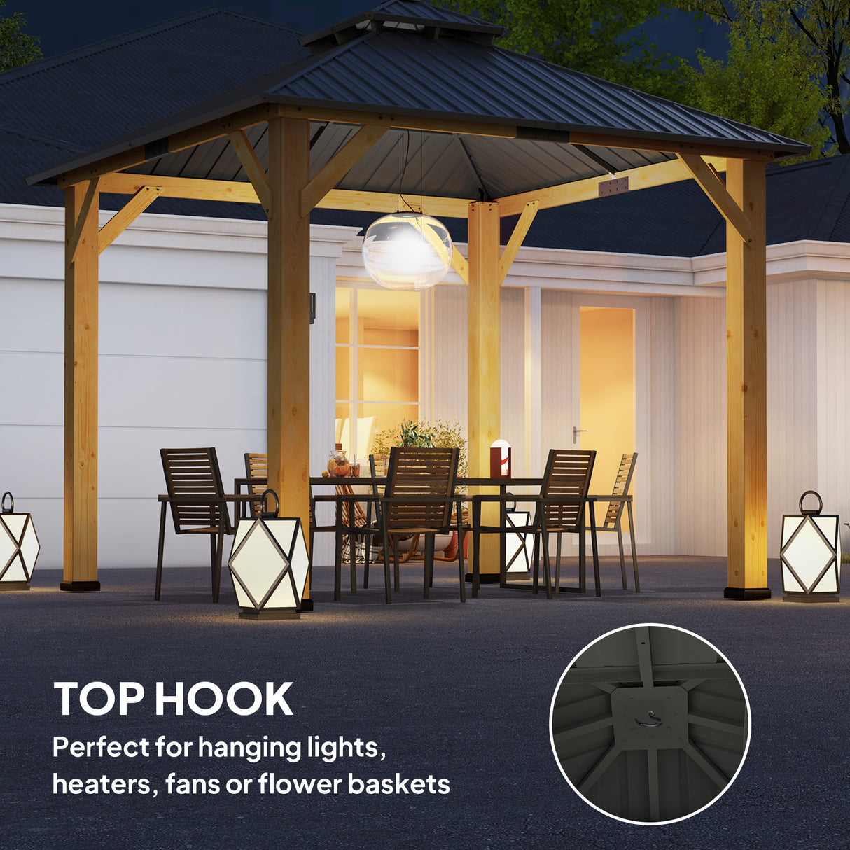 Solid Wood Hardtop Gazebo 300cm Width x 300cm Depth With Double Roof - Velmora