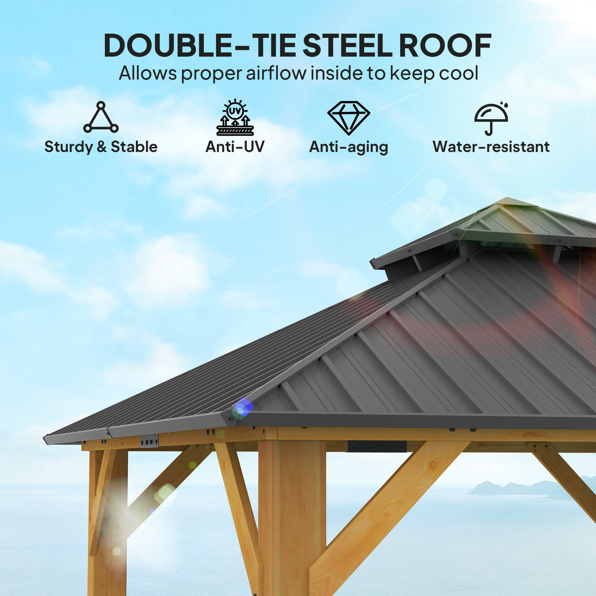 Solid Wood Hardtop Gazebo 300cm Width x 300cm Depth With Double Roof - Velmora