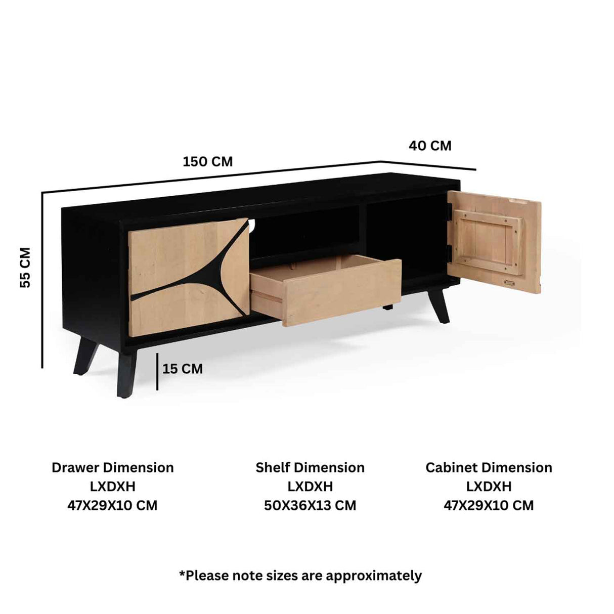 Solid Wood TV Stand 150cm Wide With 2 Doors And 1 Drawer - Boho